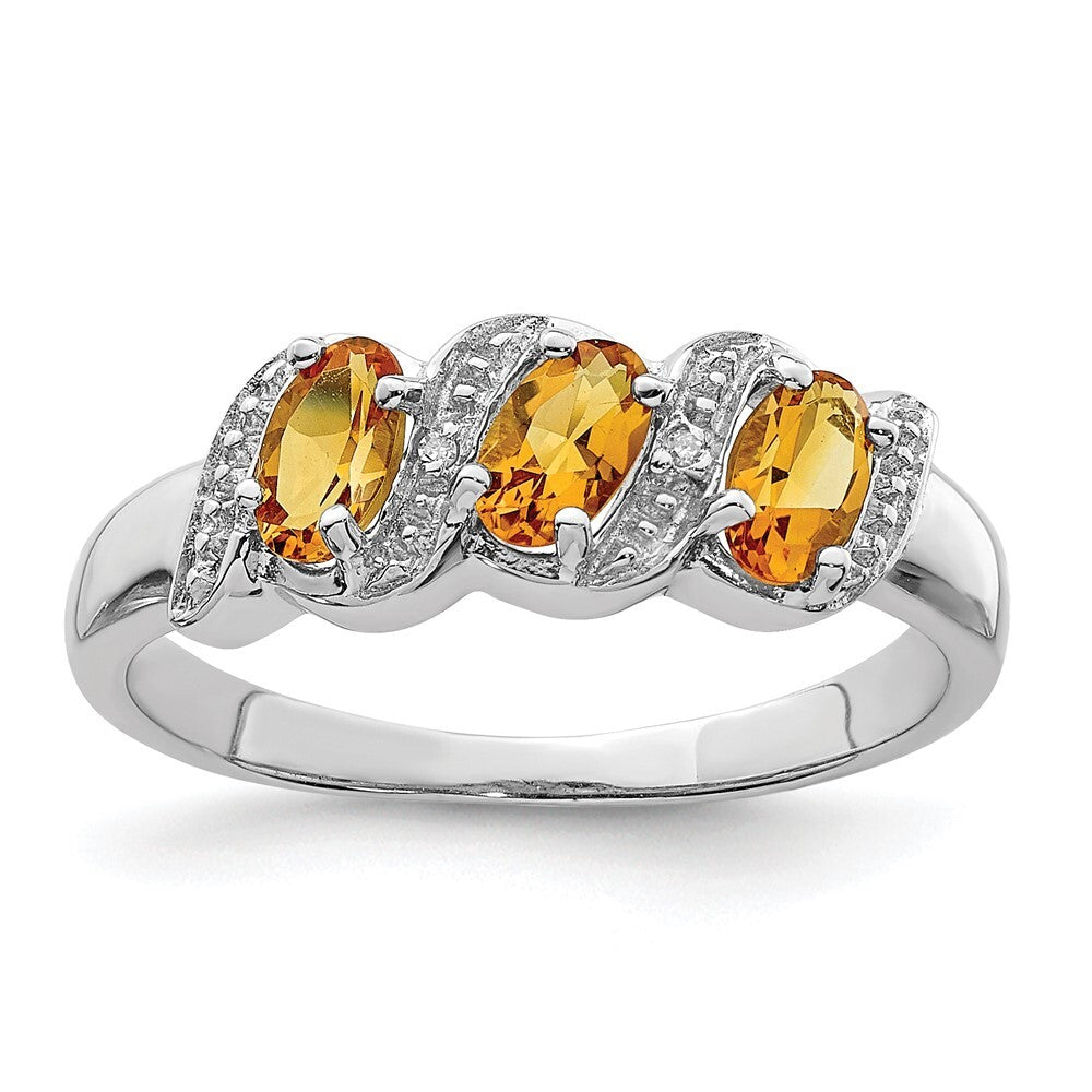 Sterling Silver Rhodium 3 Stone Citrine & Diamond Ring Size 8