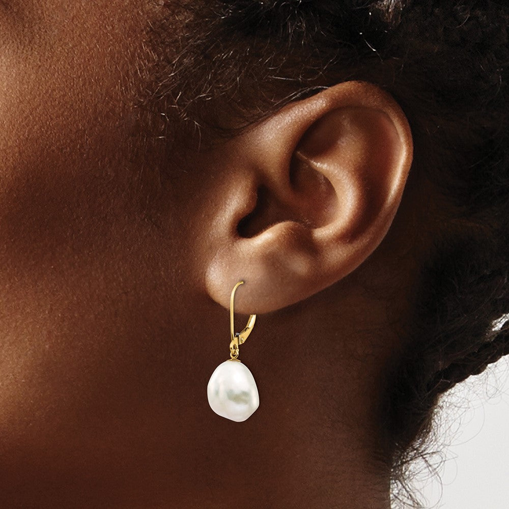 14k Yellow Gold 10x12mm White Keshi Freshwater Cultured Pearl Dangle Earrings