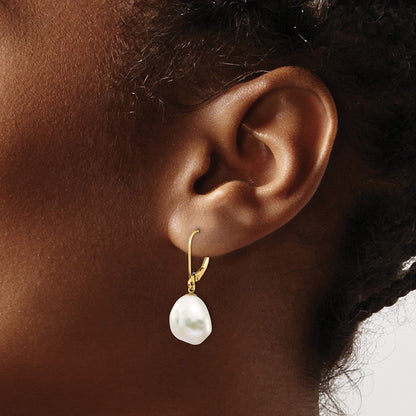 14k Yellow Gold 10x12mm White Keshi Freshwater Cultured Pearl Dangle Earrings