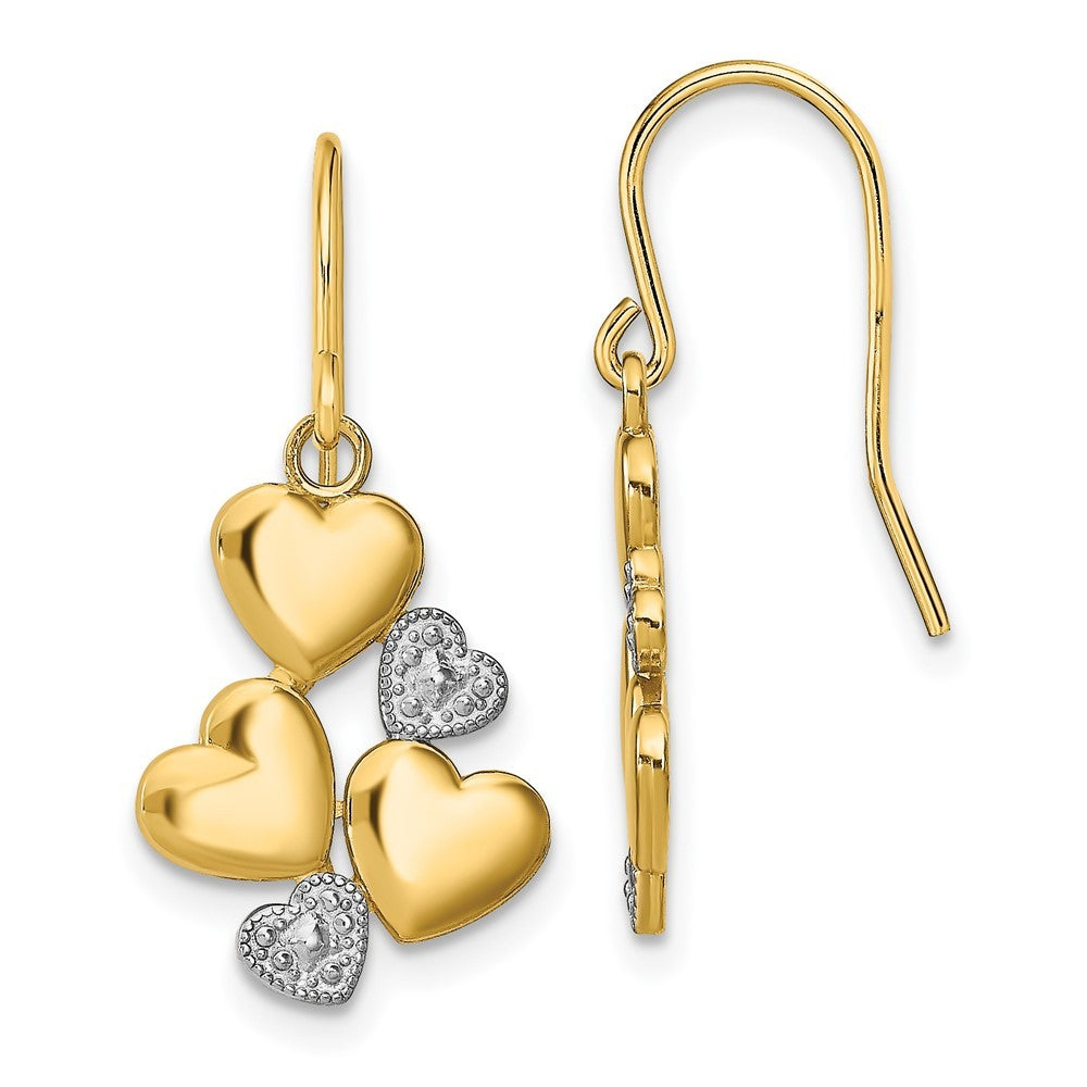 14k Yellow Gold w/Rhodium Polished Hearts Drop Dangle Earrings w/ Shepherd Hook