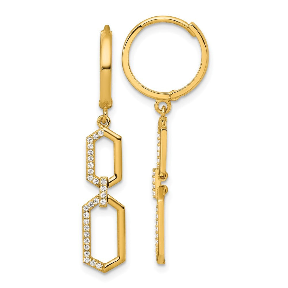 14k Yellow Gold Polished Fancy CZ Hexagon Dangle Round Hinged Hoop Earrings