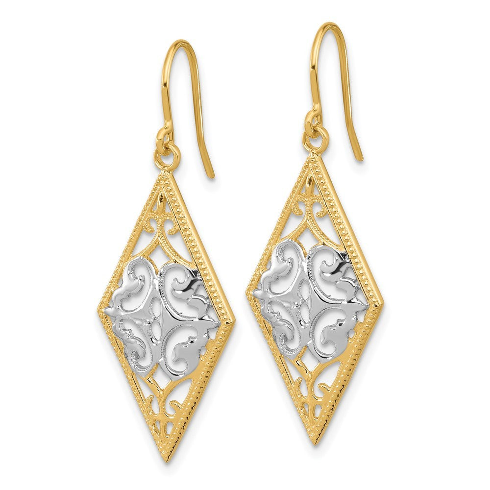 14k Yellow Gold & Rhodium Diamond Shape Filigree Dangle Earrings