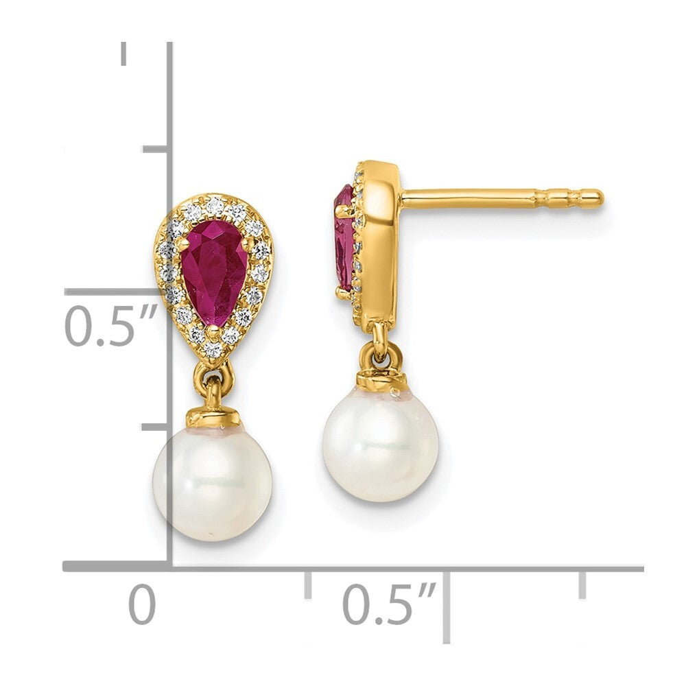 14k Yellow Gold Polished Diamond Pearl and Ruby Dangle Earrings