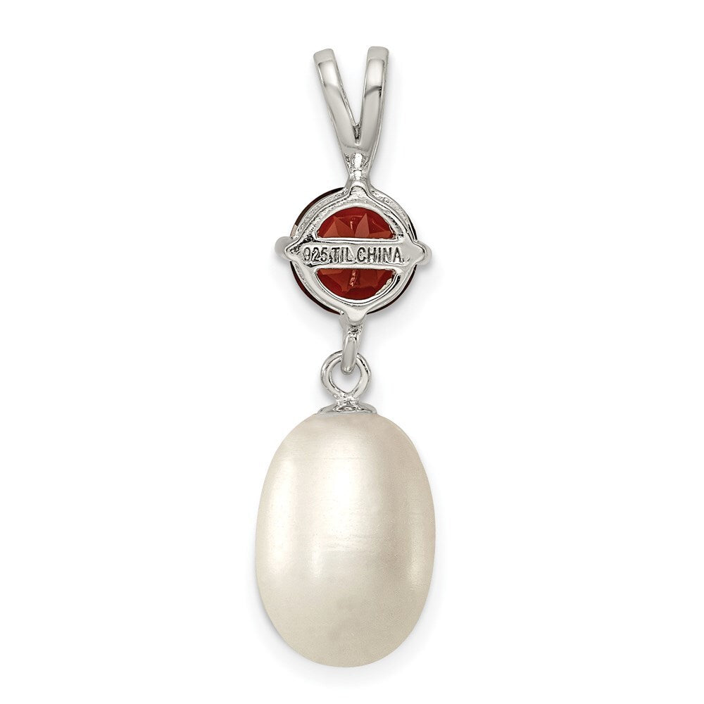 Sterling Silver 8-9mm White Freshwater Cultured Pearl and 1.00GA Garnet Pendant