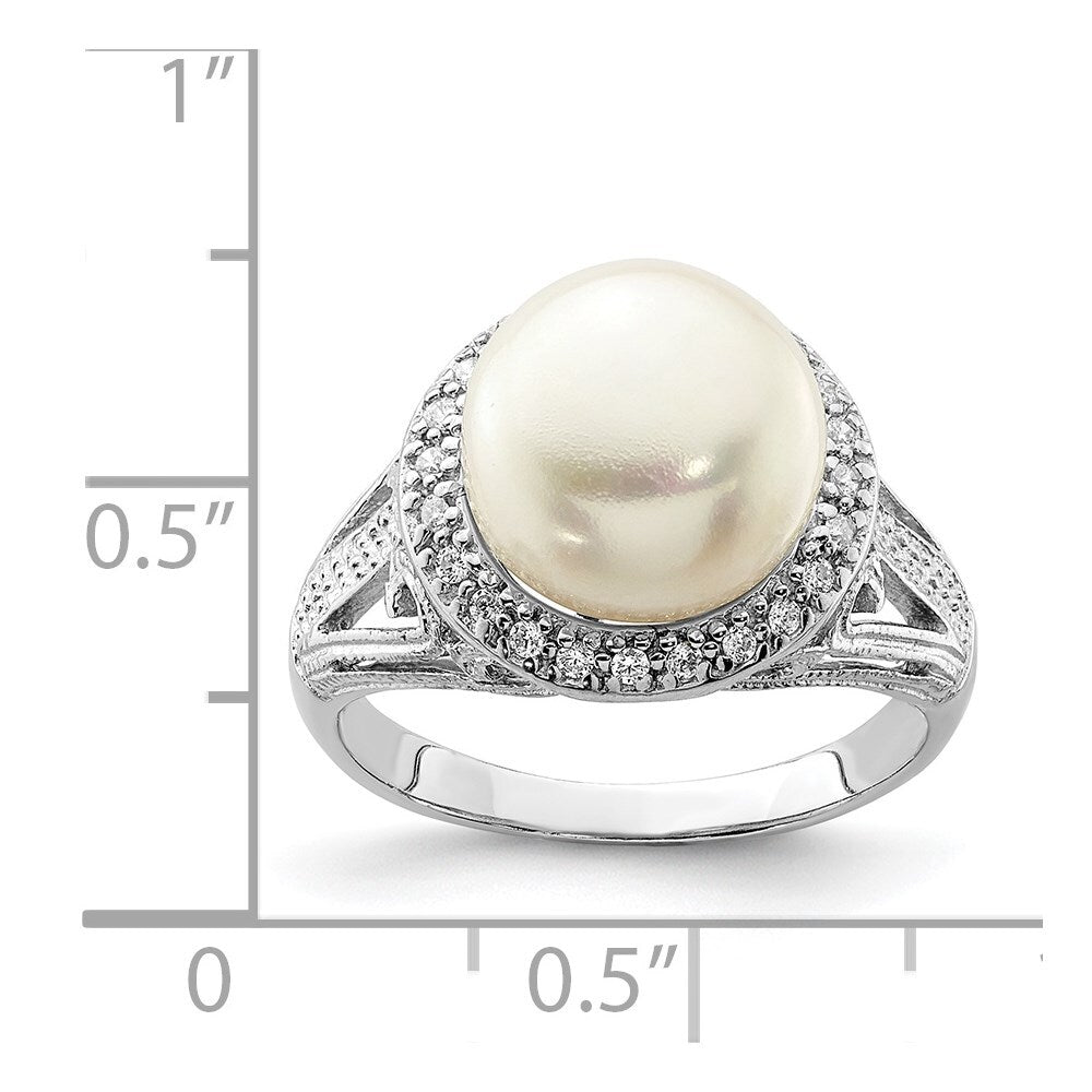 Sterling Silver 10-11mm White Button Freshwater Cultured Pearl and CZ Ring