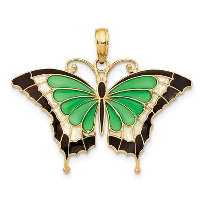 14k Yellow Gold Green Enameled Butterly Pendant for Women