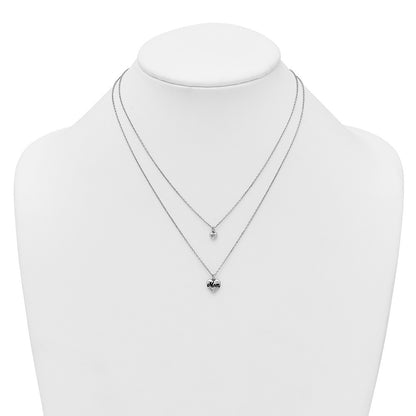 Sterling Silver Black Enamel MOM Puffed Heart and Small Heart 16" Necklace