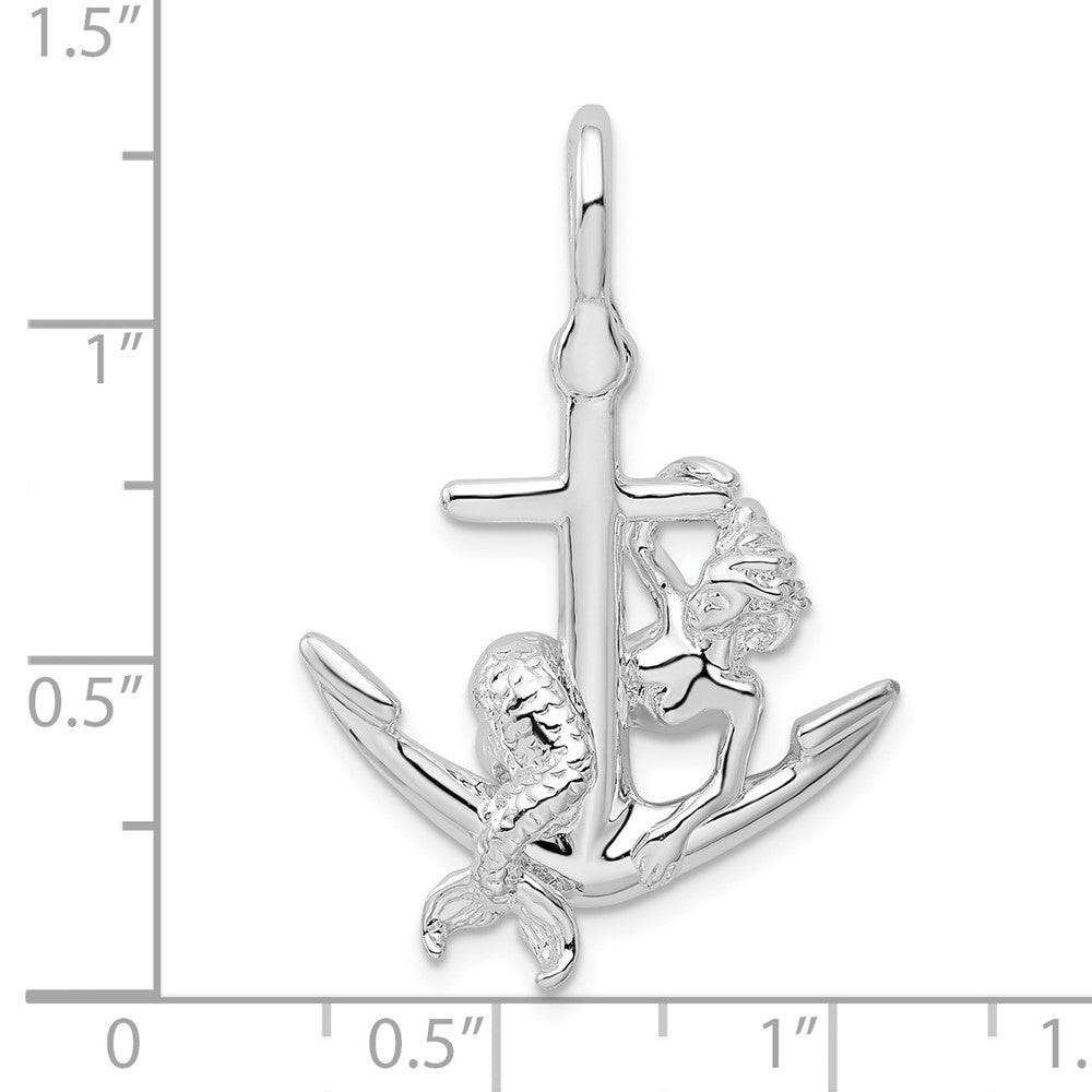 Sterling Silver Rhodium-Plated Polished 3D Anchor with Mermaid Pendant