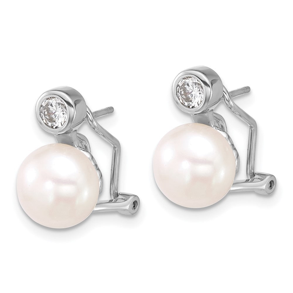 Sterling Silver 8-9mm Freshwater Cultured Pearl and CZ Omega Back Earrings