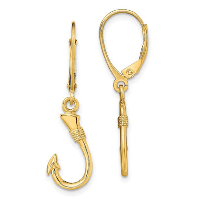 14k Yellow Gold 3-D Fish Hook Dangle Earrings Leverback Gift for Women