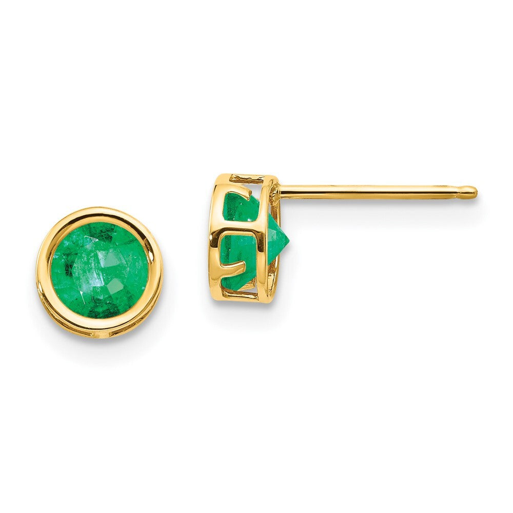 14k Yellow Gold 5mm Bezel Emerald Stud Earrings Gift for Women