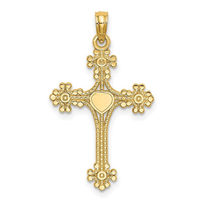 14k Yellow Gold Beaded Tip Cross  Heart Center Charm Pendant for Women
