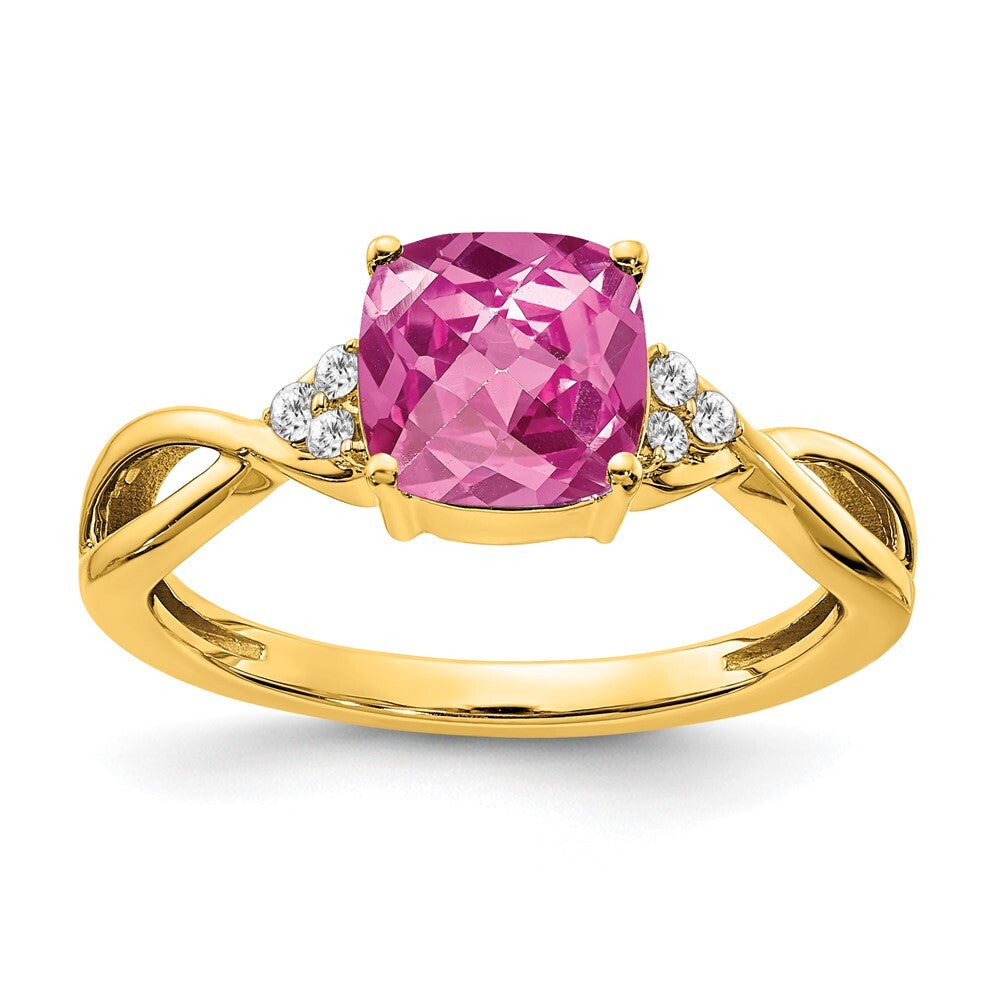 14K Yellow Gold Checkerboard Created Pink Sapphire and Diamond Ring Size 7