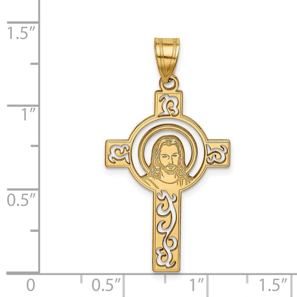 14k Yellow Gold Laser Cut Jesus Face Cross Charm Pendant