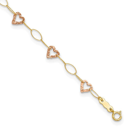 14k Two-tone Hammered Open Hearts and Oval Link 10" Anklet
