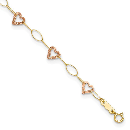 14k Two-tone Hammered Open Hearts and Oval Link 10" Anklet