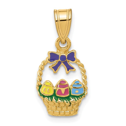 14k Yellow Gold Enameled Easter Basket  Bow and Eggs Charm Pendant for Women