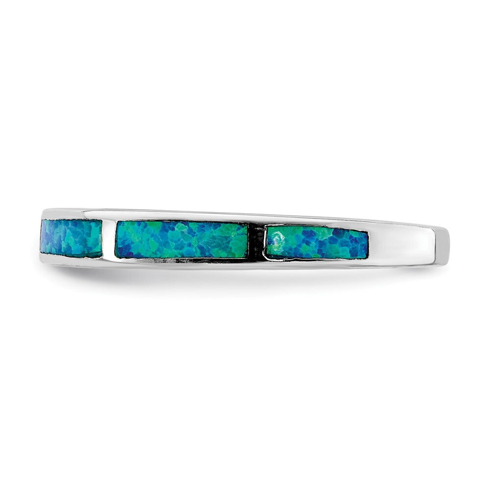 Sterling Silver Rhodium-plated Lab Created Blue Opal Inlay Band Size 8