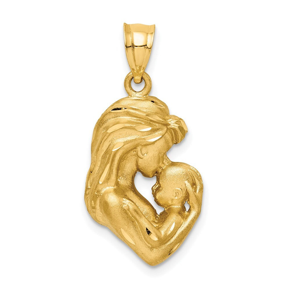 14k Yellow Gold Brushed Diamond-cut Mom/Baby Pendant for Women