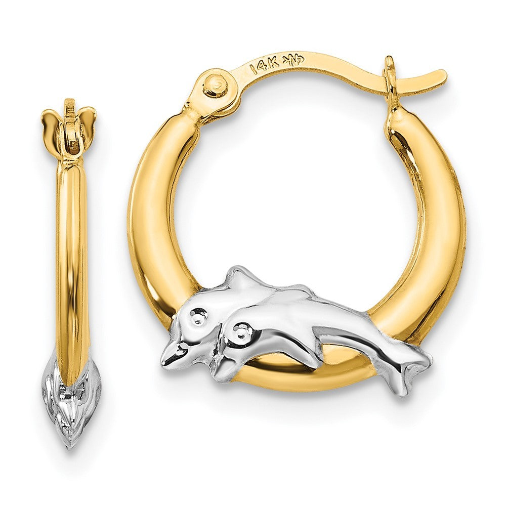14k Yellow Gold w/Rhodium Dolphin Hoop Earrings
