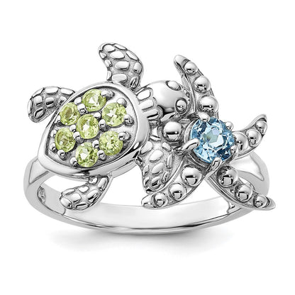 Sterling Silver Peridot and Swiss Blue Topaz Turtle and Starfish Ring Size 7