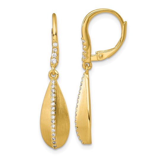 Sterling Silver Brushed Polished Cubic Zirconia Teardrop Dangle Earrings