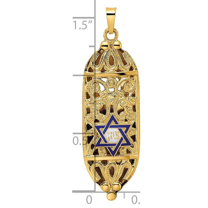 14k Yellow Gold Polished Mezuzah Enameled Star Pendant