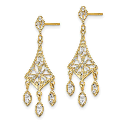 14k Yellow Gold w/Rhodium Filigree Diamond-Cut Chandelier Dangle Earrings