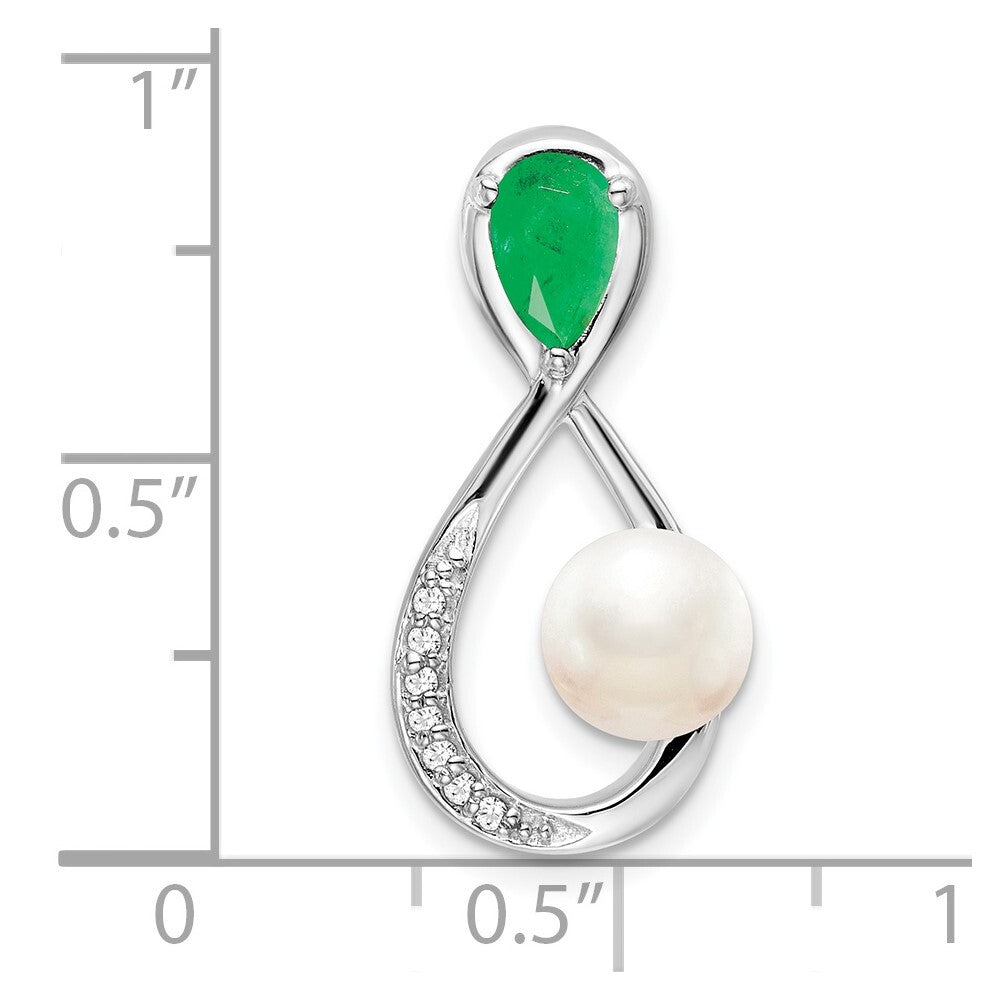 14k White Gold Emerald/FWC Pearl/Diamond Infinity Chain Slide Pendant for Women