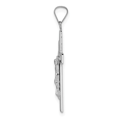 14k White Gold Polished Solid Striped Crucifix Pendant