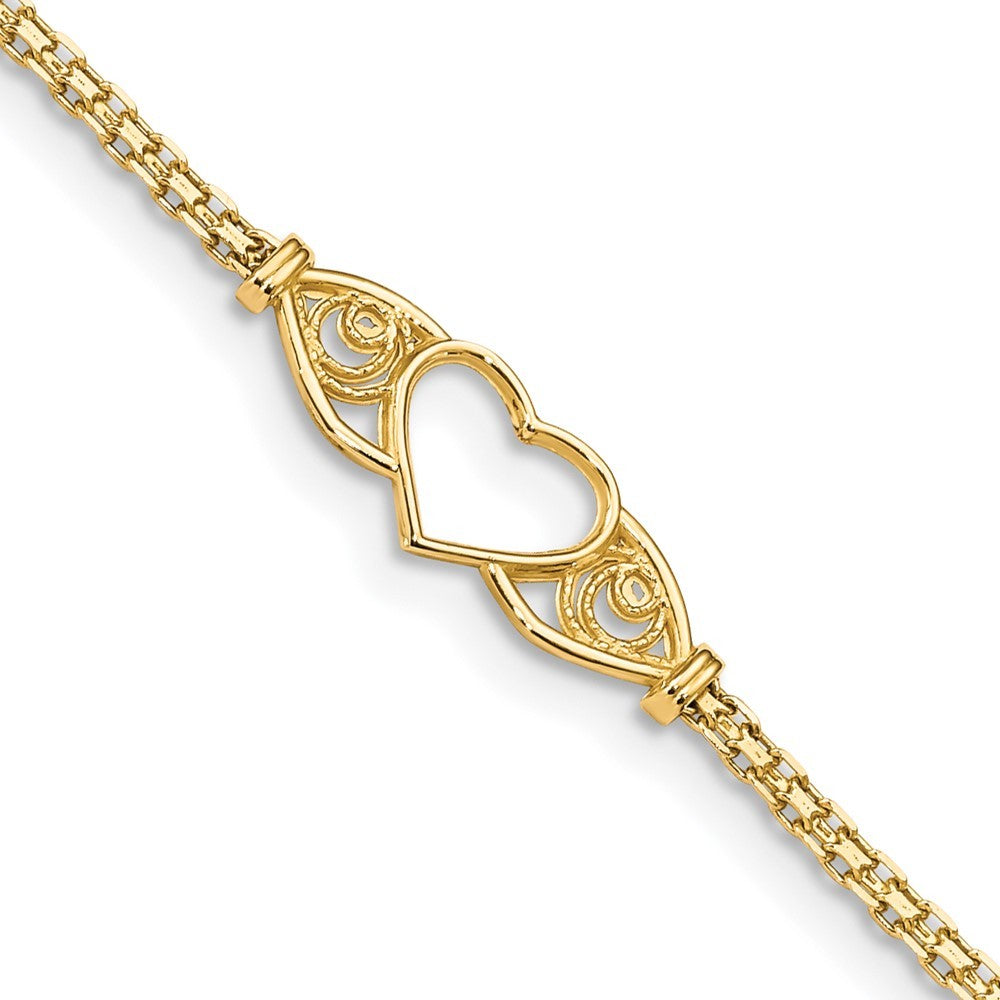 14k Yellow Gold Polished Open Heart with Filigree and Bismark Chain 10" Anklet