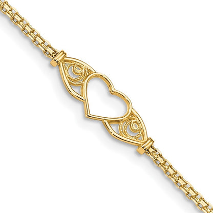 14k Yellow Gold Polished Open Heart with Filigree and Bismark Chain 10" Anklet