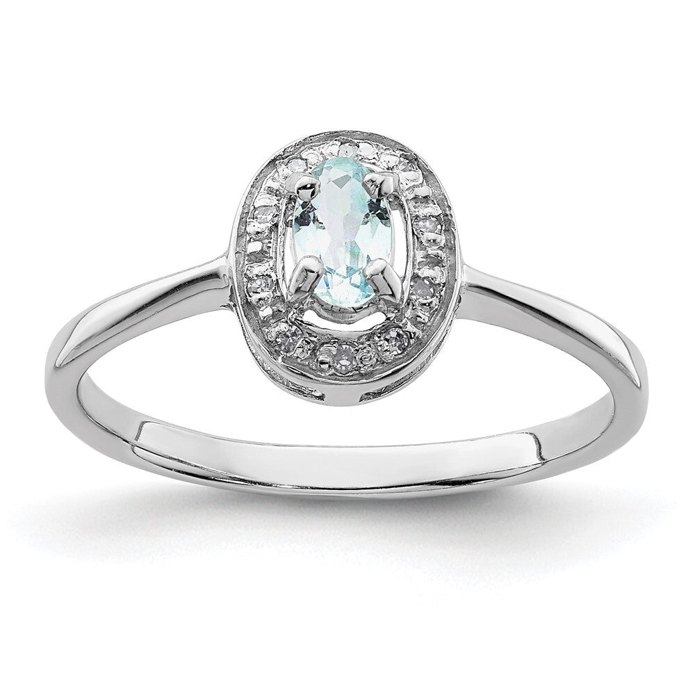 Sterling Silver Rhodium Aquamarine & Diamond Ring Size 6