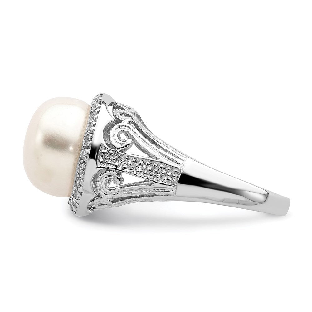Sterling Silver 10-11mm White Button Freshwater Cultured Pearl and CZ Ring