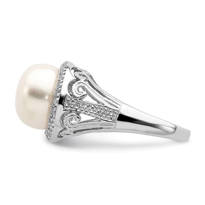 Sterling Silver 10-11mm White Button Freshwater Cultured Pearl and CZ Ring