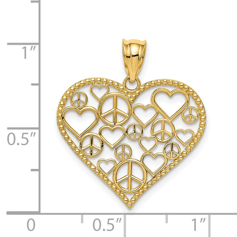 14k Yellow Gold Polished Hearts and Peace Signs in Heart Pendant for Women