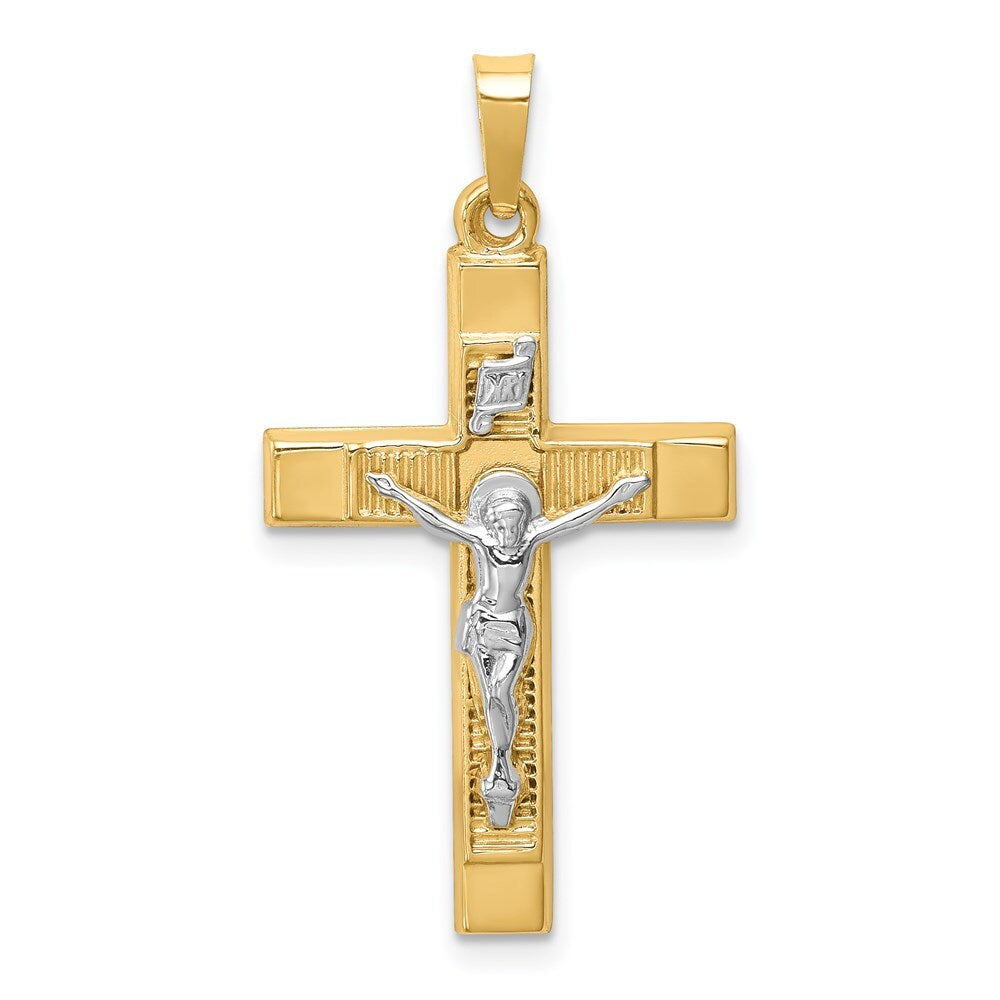 14k Two-tone Gold Hollow Polished Textured Latin Crucifix Pendant