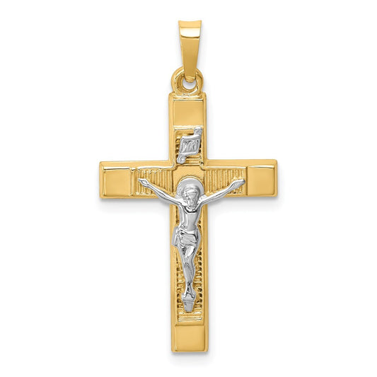14k Two-tone Gold Hollow Polished Textured Latin Crucifix Pendant
