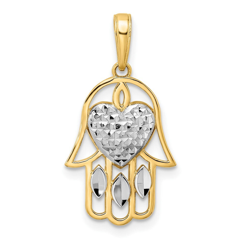 14k Yellow Gold & White Rhodium Diamond-cut Heart Hamsa Pendant