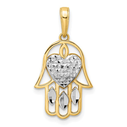 14k Yellow Gold & White Rhodium Diamond-cut Heart Hamsa Pendant