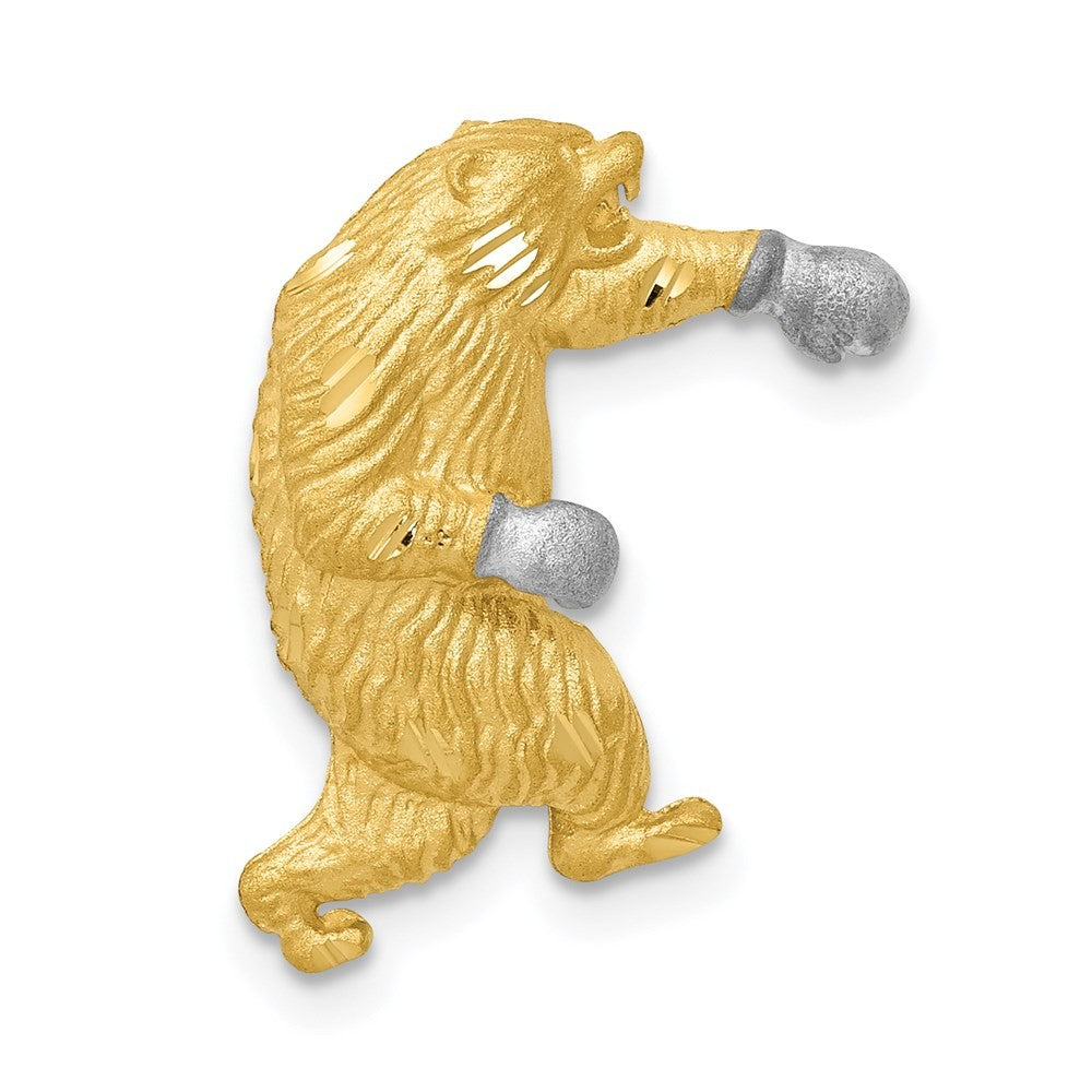 14k Yellow Gold w/White Rhodium Satin Diamond-Cut Boxing Bear Chain Slide