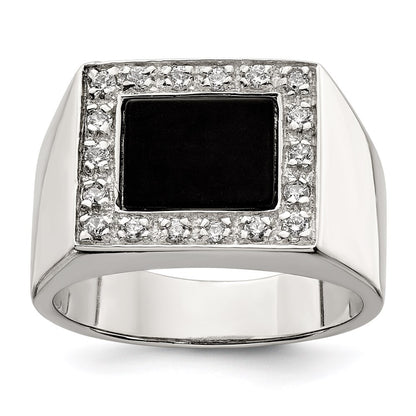 Sterling Silver Rhodium-plated Men's Cubic Zirconia & Onyx Ring Size 9