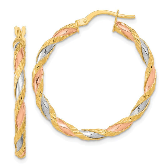 14k Yellow Gold with Rose and White Rhodium Textured Twisted Hoop Earrings