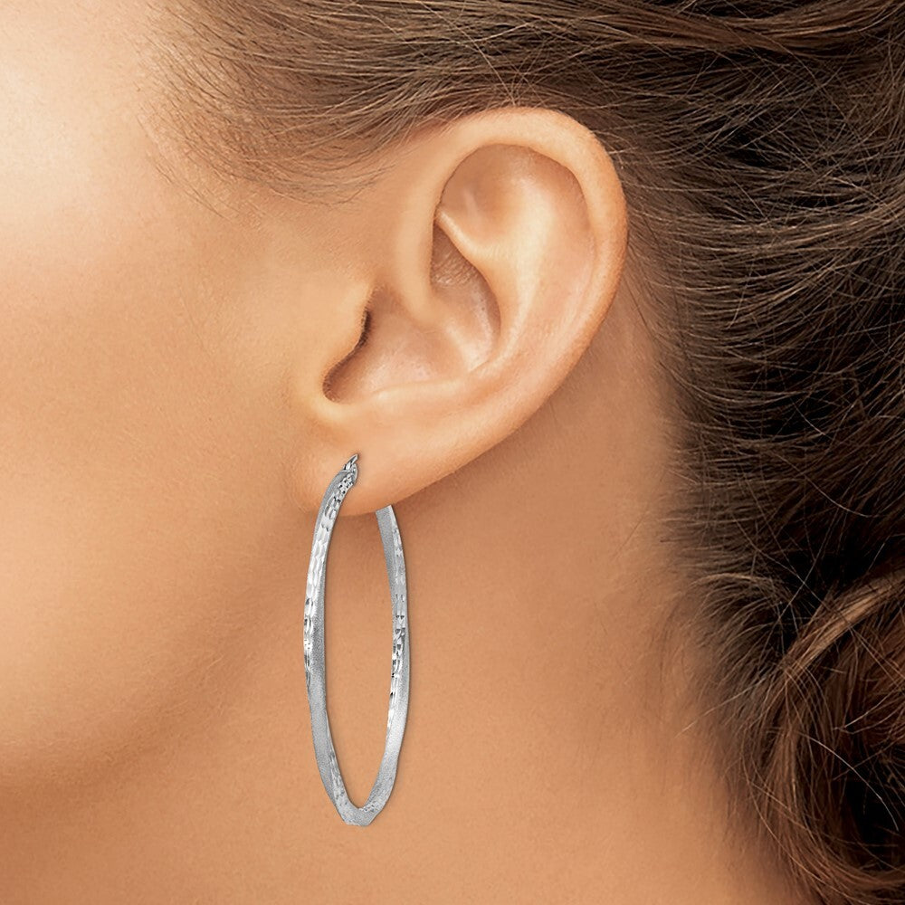 Sterling Silver RH-plated Satin Diamond-cut 2.5x45mm Twisted Hoop Earrings