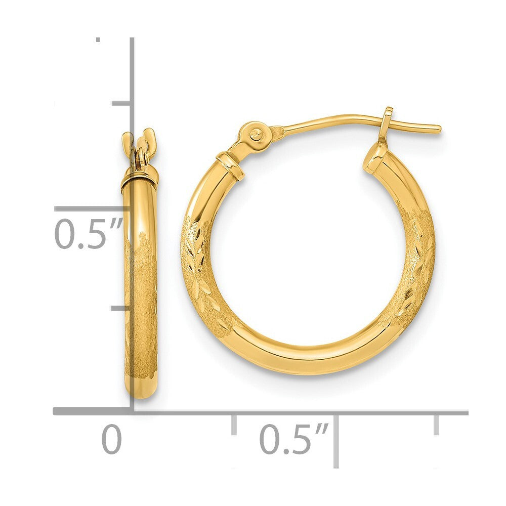 14k Yellow Gold Polished and Satin Diamond-cut Hoop Earrings Gift for Women