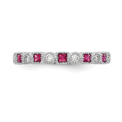 14k White Gold 1/10 carat Diamond and Ruby Complete Band Size 7