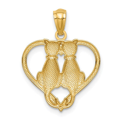 14k Yellow Gold Sitting Cats in a Heart Pendant for Women