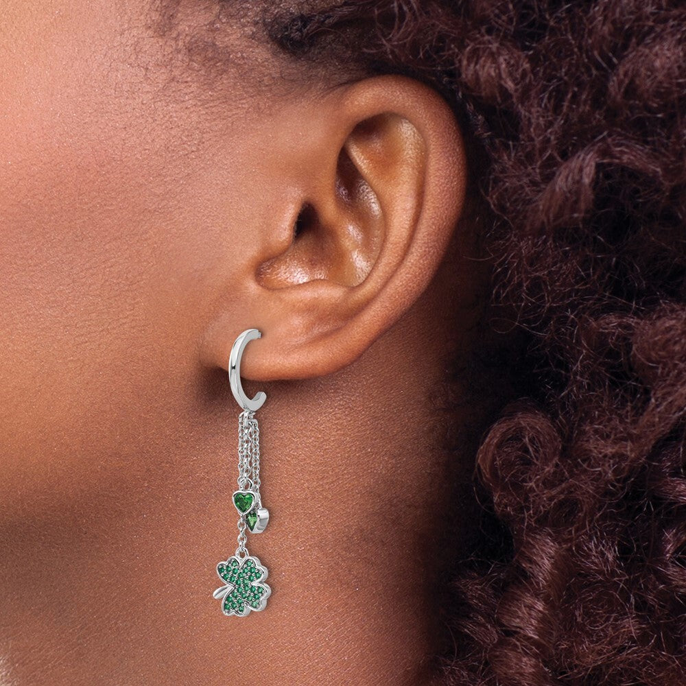 Sterling Silver Green Cubic Zirconia Clover Heart Post Hoop Earrings