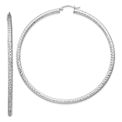 Sterling Silver Rhodium-plated Diamond-cut 3x70mm Hoop Earrings