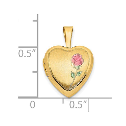 14k Yellow Gold Satin with Pink and Green Enamel Rose 12mm Heart Locket